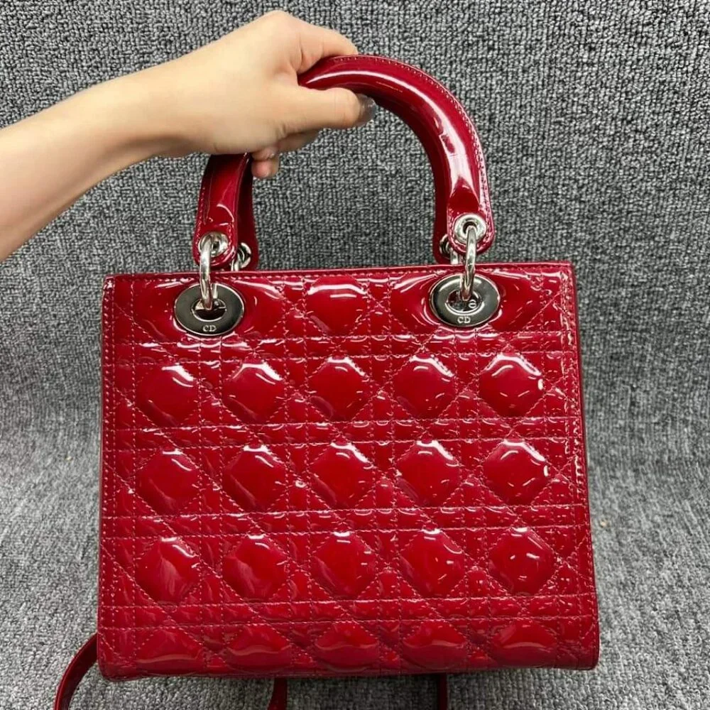 100% Authentic Dior Patent Medium Red Leather Satchel Bag - Picture 2 of 16